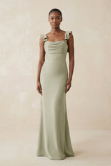Ruffled Sleeve Sheath Satin Bridesmaid Dress in Frost - KissProm Bridesmaid Dresses