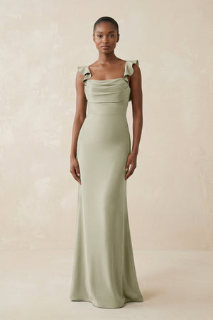 Ruffled Sleeve Sheath Satin Bridesmaid Dress in Frost - KissProm Bridesmaid Dresses