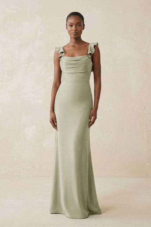 Ruffled Sleeve Sheath Satin Bridesmaid Dress in Frost - KissProm Bridesmaid Dresses