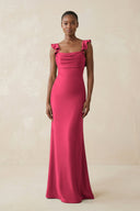 Ruffled Sleeve Sheath Satin Bridesmaid Dress in Fuchsia - KissProm Bridesmaid Dresses