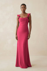 Ruffled Sleeve Sheath Satin Bridesmaid Dress in Fuchsia - KissProm Bridesmaid Dresses