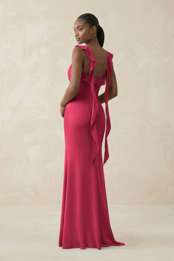 Ruffled Sleeve Sheath Satin Bridesmaid Dress in Fuchsia - KissProm Bridesmaid Dresses