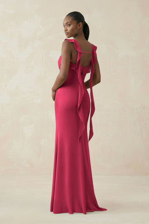 Ruffled Sleeve Sheath Satin Bridesmaid Dress in Fuchsia - KissProm Bridesmaid Dresses