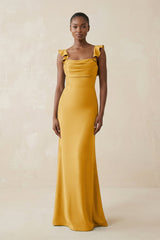 Ruffled Sleeve Sheath Satin Bridesmaid Dress in Gold - KissProm Bridesmaid Dresses