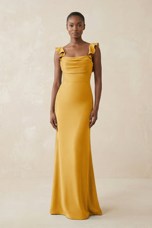 Ruffled Sleeve Sheath Satin Bridesmaid Dress in Gold - KissProm Bridesmaid Dresses