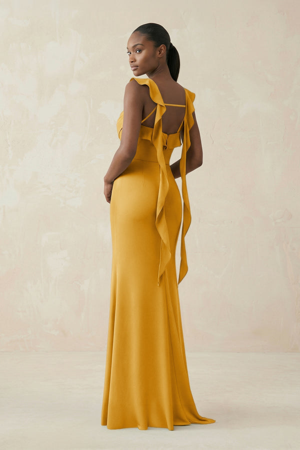 Ruffled Sleeve Sheath Satin Bridesmaid Dress in Gold - KissProm Bridesmaid Dresses