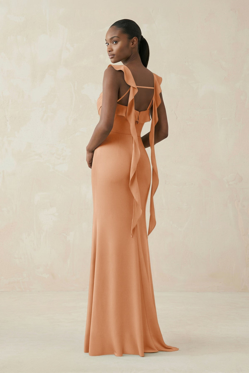 Ruffled Sleeve Sheath Satin Bridesmaid Dress in Golden Champagne - KissProm Bridesmaid Dresses