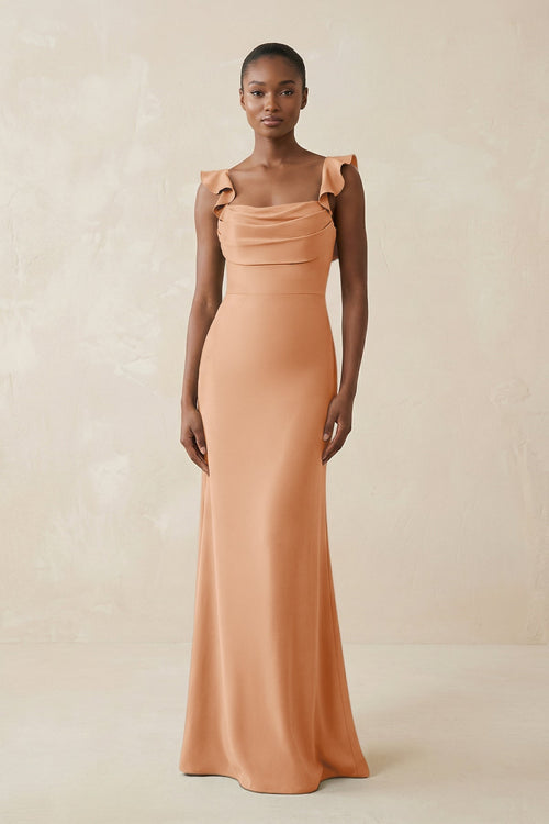 Ruffled Sleeve Sheath Satin Bridesmaid Dress in Golden Champagne - KissProm Bridesmaid Dresses