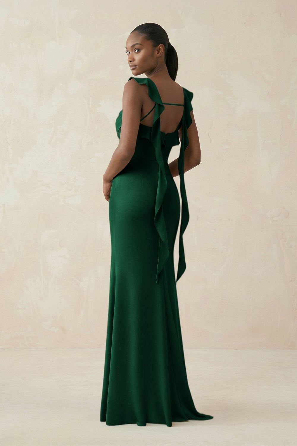 Ruffled Sleeve Sheath Satin Bridesmaid Dress in Green - KissProm Bridesmaid Dresses