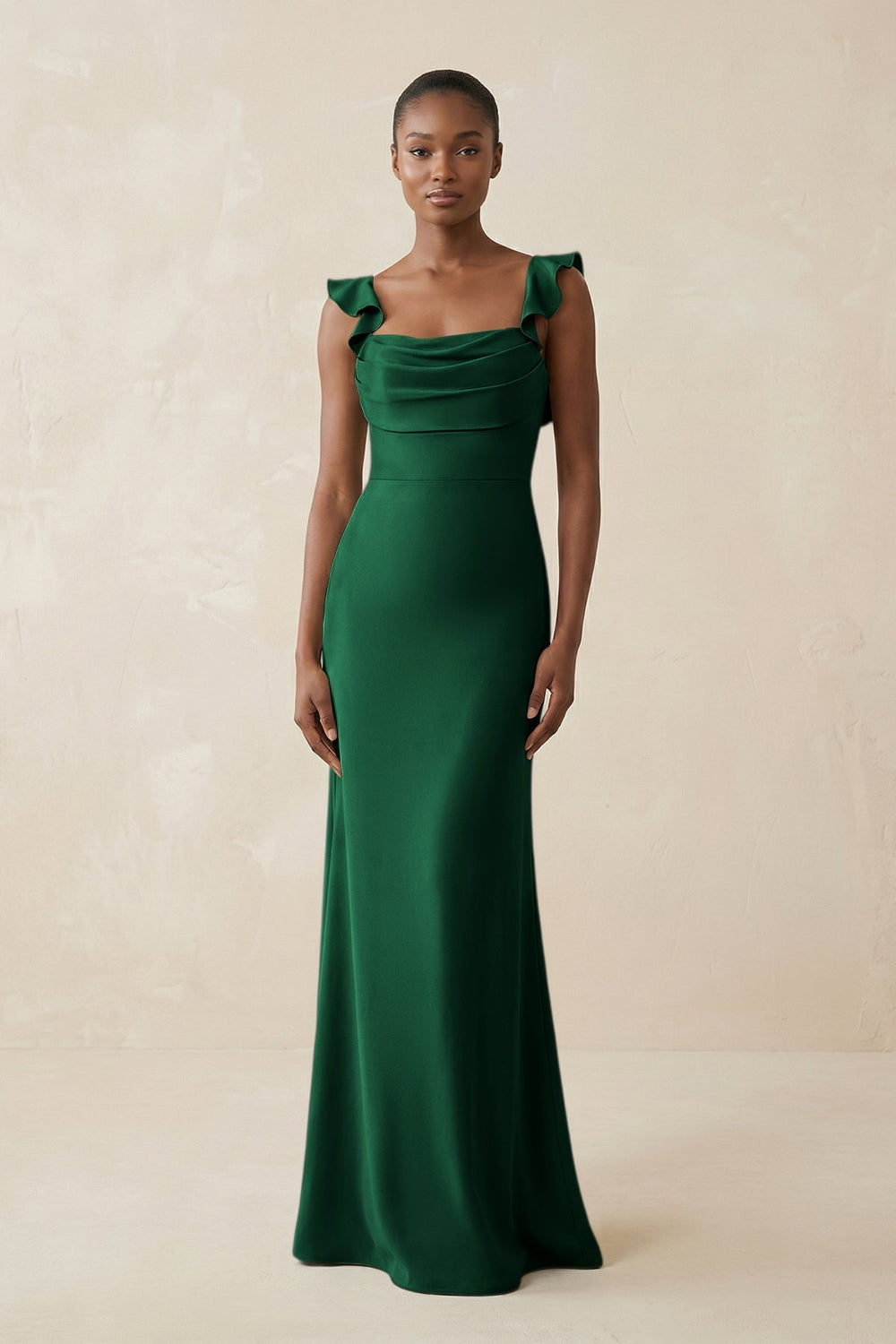 Ruffled Sleeve Sheath Satin Bridesmaid Dress in Green - KissProm Bridesmaid Dresses