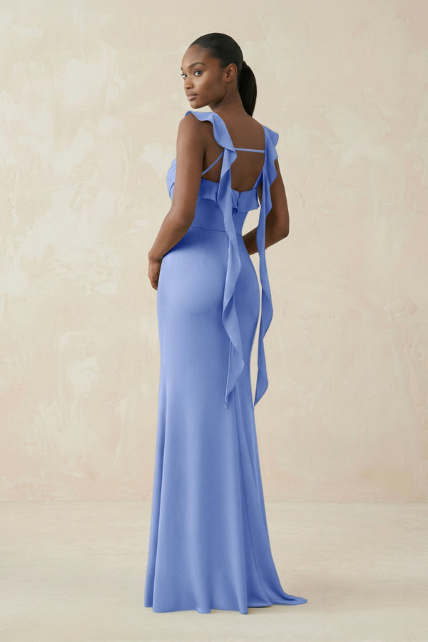 Ruffled Sleeve Sheath Satin Bridesmaid Dress in Ice - KissProm Bridesmaid Dresses