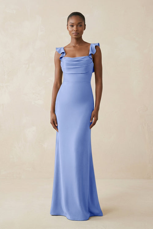 Ruffled Sleeve Sheath Satin Bridesmaid Dress in Ice - KissProm Bridesmaid Dresses
