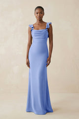 Ruffled Sleeve Sheath Satin Bridesmaid Dress in Ice - KissProm Bridesmaid Dresses