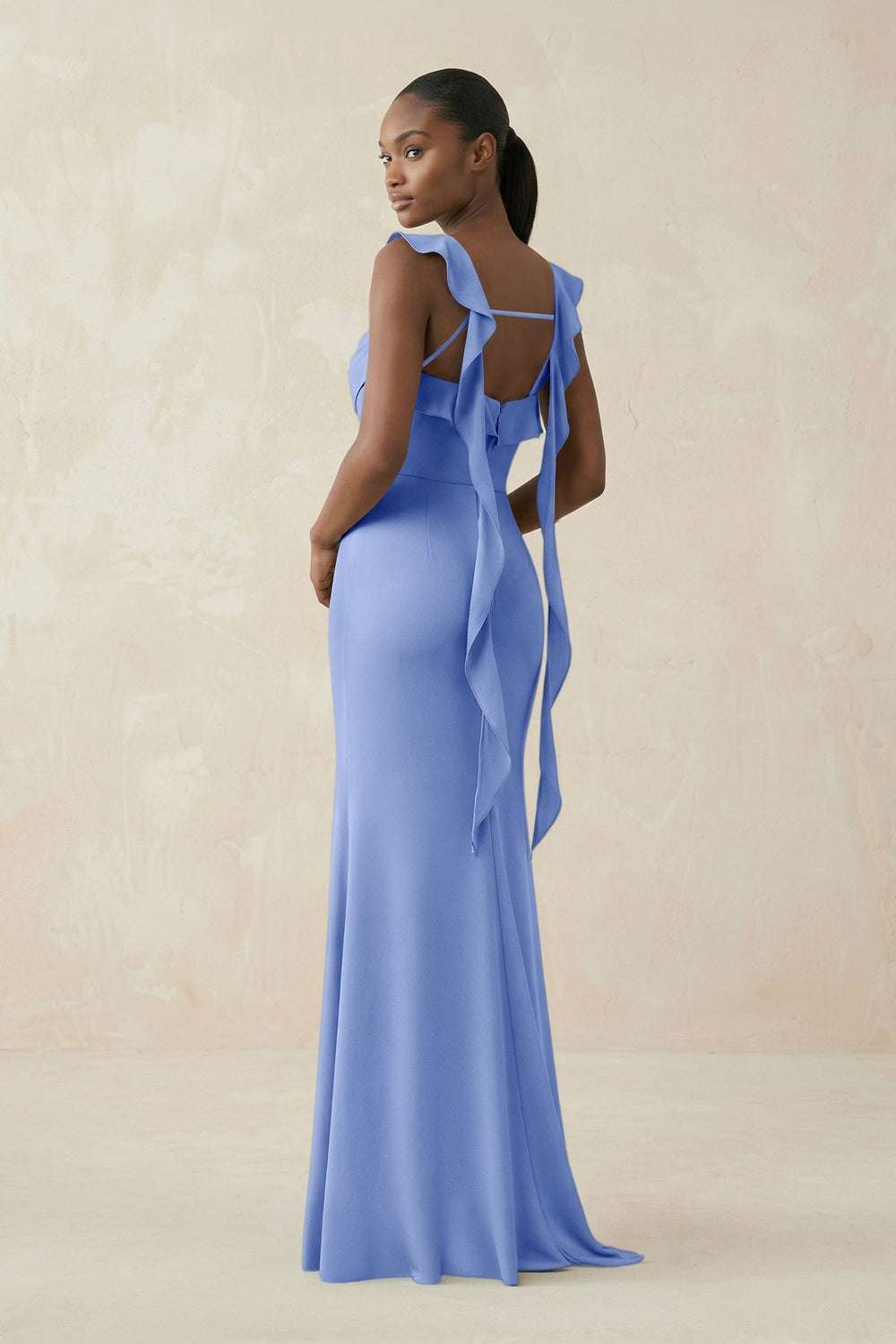 Ruffled Sleeve Sheath Satin Bridesmaid Dress in Ice - KissProm Bridesmaid Dresses