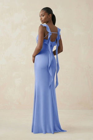 Ruffled Sleeve Sheath Satin Bridesmaid Dress in Ice - KissProm Bridesmaid Dresses