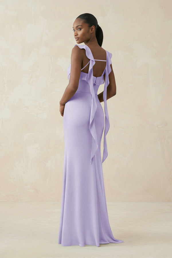 Ruffled Sleeve Sheath Satin Bridesmaid Dress in Lavender - KissProm Bridesmaid Dresses