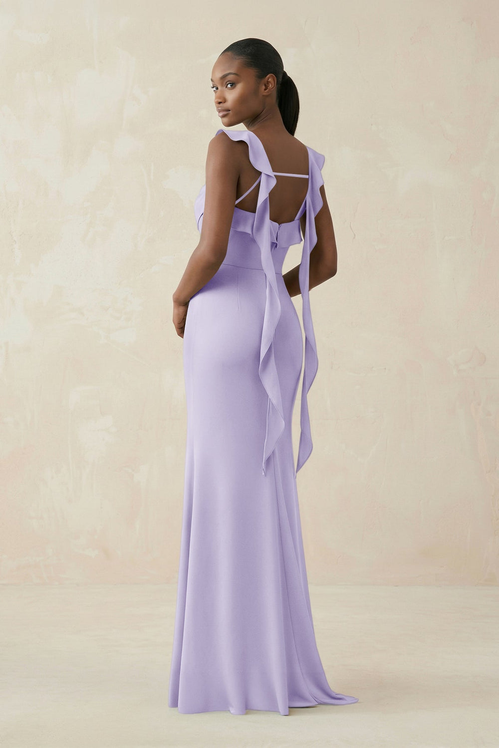 Ruffled Sleeve Sheath Satin Bridesmaid Dress in Lavender - KissProm Bridesmaid Dresses