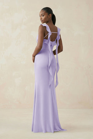 Ruffled Sleeve Sheath Satin Bridesmaid Dress in Lavender - KissProm Bridesmaid Dresses