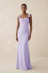 Ruffled Sleeve Sheath Satin Bridesmaid Dress in Lavender - KissProm Bridesmaid Dresses