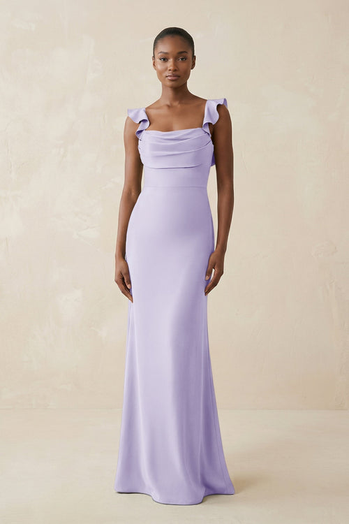 Ruffled Sleeve Sheath Satin Bridesmaid Dress in Lavender - KissProm Bridesmaid Dresses