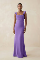 Ruffled Sleeve Sheath Satin Bridesmaid Dress in Lilac - KissProm Bridesmaid Dresses