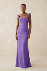Ruffled Sleeve Sheath Satin Bridesmaid Dress in Lilac - KissProm Bridesmaid Dresses