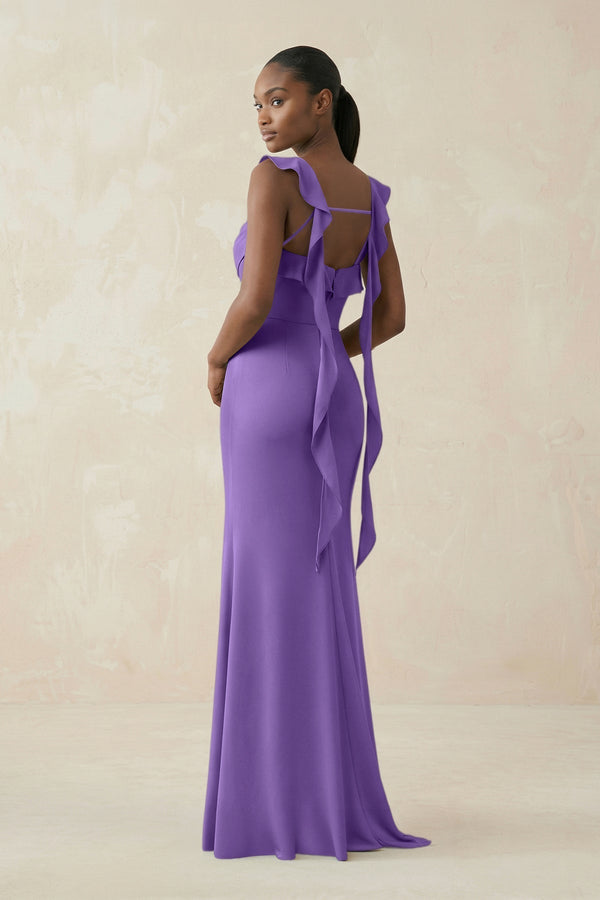 Ruffled Sleeve Sheath Satin Bridesmaid Dress in Lilac - KissProm Bridesmaid Dresses