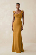 Ruffled Sleeve Sheath Satin Bridesmaid Dress in Marigold - KissProm Bridesmaid Dresses