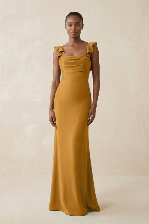 Ruffled Sleeve Sheath Satin Bridesmaid Dress in Marigold - KissProm Bridesmaid Dresses