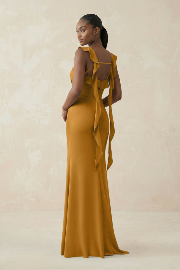 Ruffled Sleeve Sheath Satin Bridesmaid Dress in Marigold - KissProm Bridesmaid Dresses