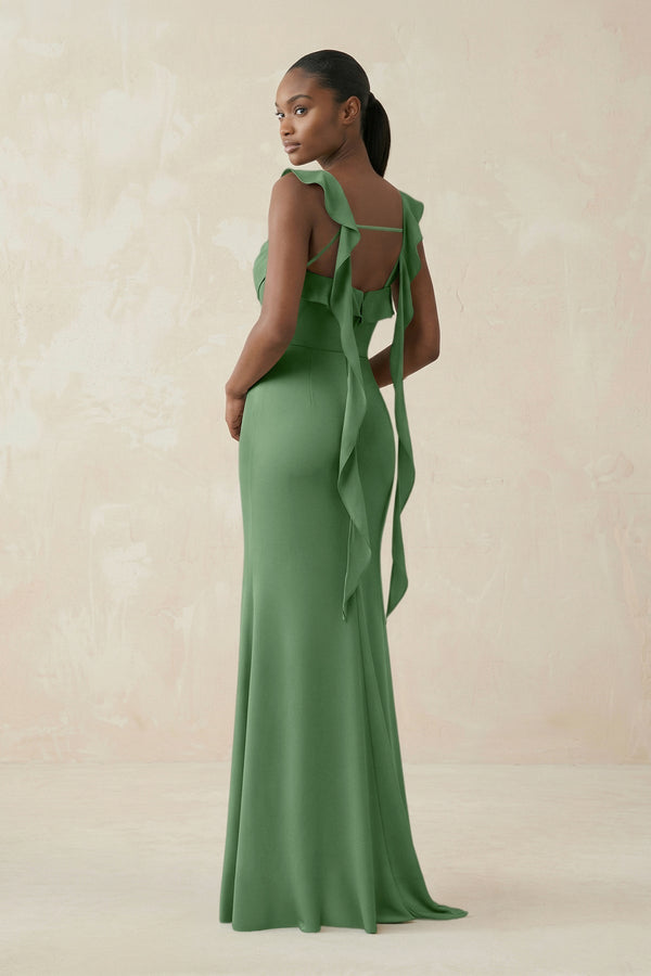 Ruffled Sleeve Sheath Satin Bridesmaid Dress in Matcha - KissProm Bridesmaid Dresses