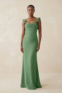 Ruffled Sleeve Sheath Satin Bridesmaid Dress in Matcha - KissProm Bridesmaid Dresses