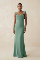 Ruffled Sleeve Sheath Satin Bridesmaid Dress in Mint Green - KissProm Bridesmaid Dresses