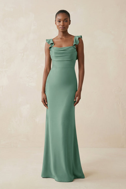 Ruffled Sleeve Sheath Satin Bridesmaid Dress in Mint Green - KissProm Bridesmaid Dresses