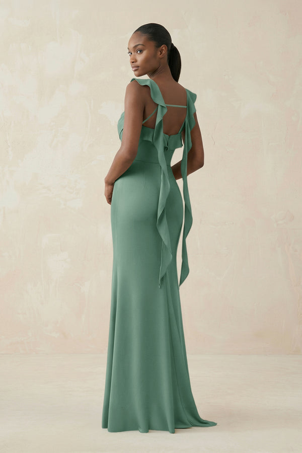 Ruffled Sleeve Sheath Satin Bridesmaid Dress in Mint Green - KissProm Bridesmaid Dresses