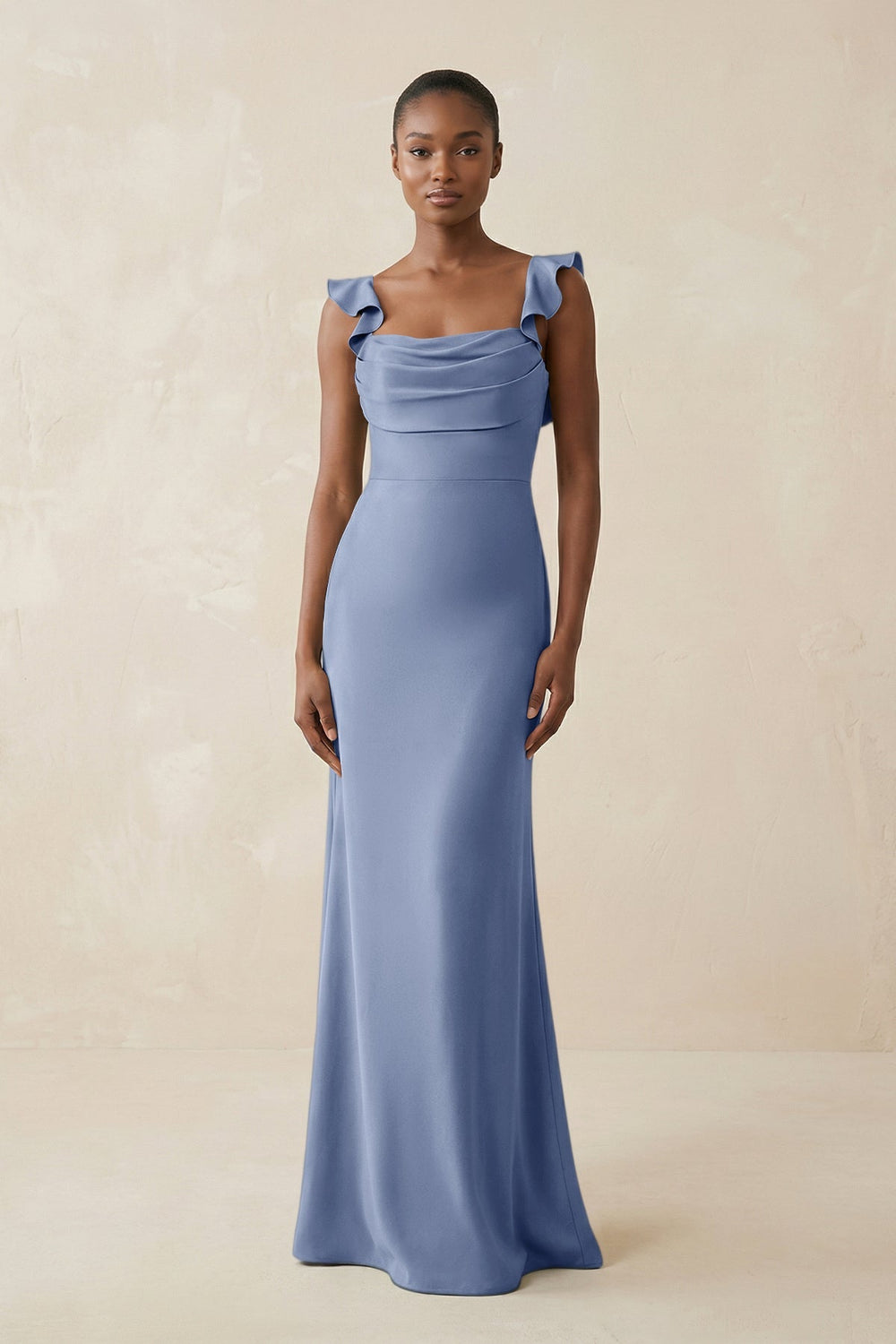 Ruffled Sleeve Sheath Satin Bridesmaid Dress in Mist - KissProm Bridesmaid Dresses