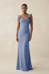 Ruffled Sleeve Sheath Satin Bridesmaid Dress in Mist - KissProm Bridesmaid Dresses