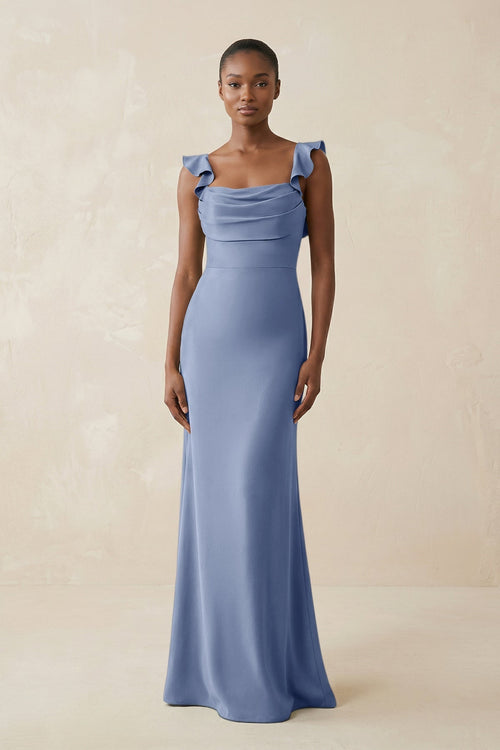 Ruffled Sleeve Sheath Satin Bridesmaid Dress in Mist - KissProm Bridesmaid Dresses