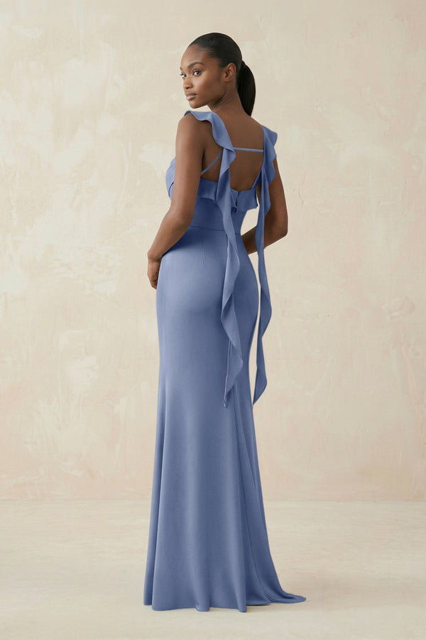 Ruffled Sleeve Sheath Satin Bridesmaid Dress in Mist - KissProm Bridesmaid Dresses
