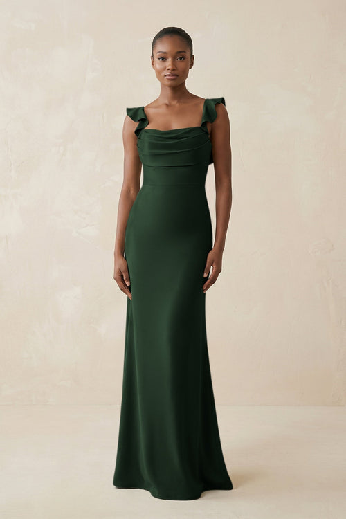 Ruffled Sleeve Sheath Satin Bridesmaid Dress in Moss - KissProm Bridesmaid Dresses