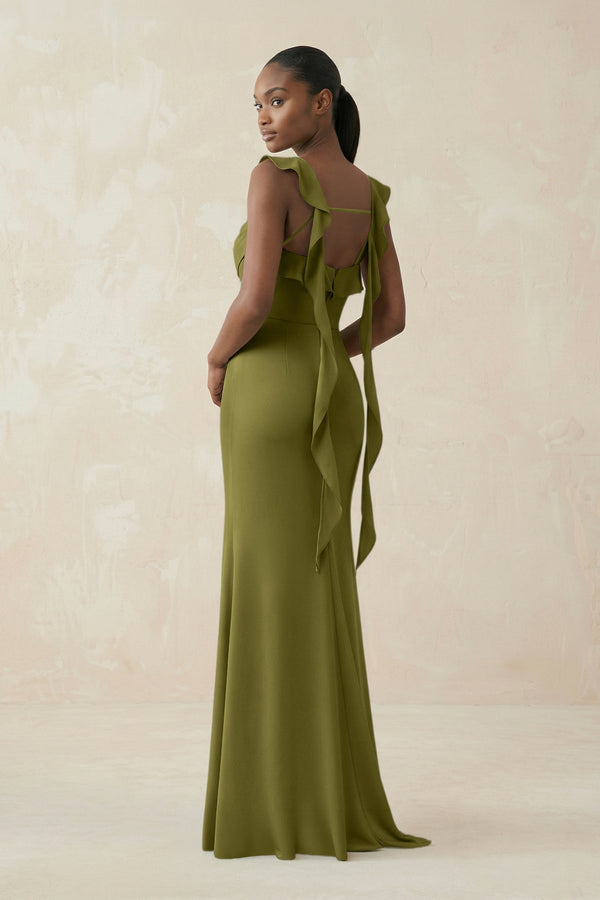 Ruffled Sleeve Sheath Satin Bridesmaid Dress in Moss Green - KissProm Bridesmaid Dresses