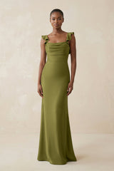 Ruffled Sleeve Sheath Satin Bridesmaid Dress in Moss Green - KissProm Bridesmaid Dresses
