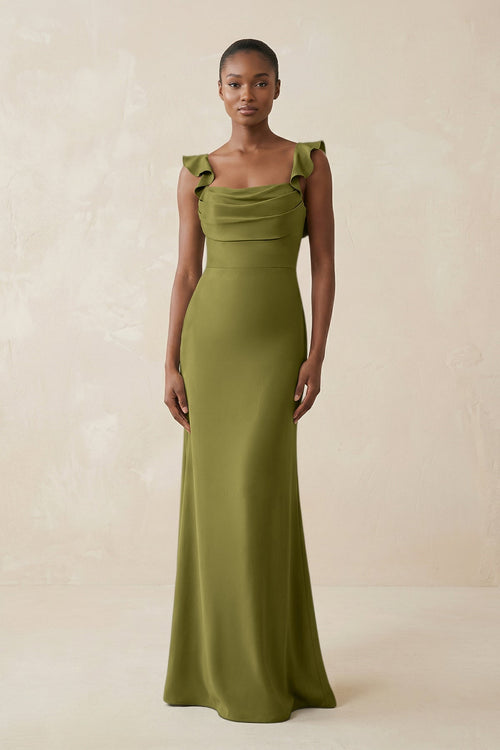 Ruffled Sleeve Sheath Satin Bridesmaid Dress in Moss Green - KissProm Bridesmaid Dresses