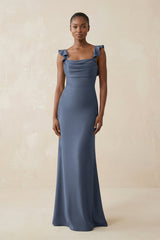 Ruffled Sleeve Sheath Satin Bridesmaid Dress in Neptune - KissProm Bridesmaid Dresses