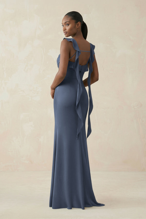 Ruffled Sleeve Sheath Satin Bridesmaid Dress in Neptune - KissProm Bridesmaid Dresses