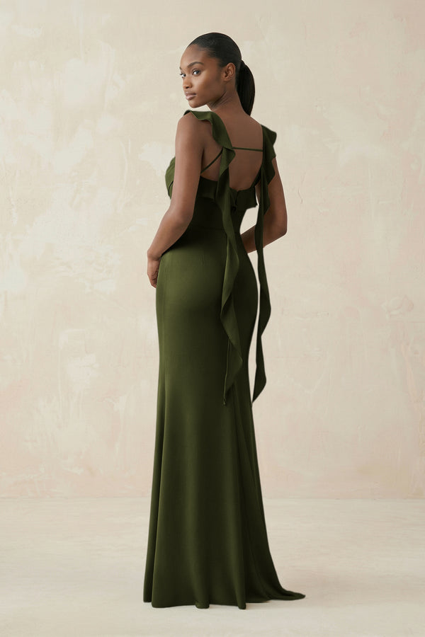 Ruffled Sleeve Sheath Satin Bridesmaid Dress in Olive - KissProm Bridesmaid Dresses