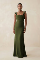 Ruffled Sleeve Sheath Satin Bridesmaid Dress in Olive - KissProm Bridesmaid Dresses