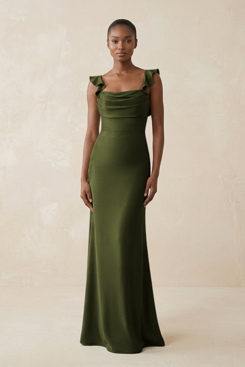 Ruffled Sleeve Sheath Satin Bridesmaid Dress in Olive - KissProm Bridesmaid Dresses