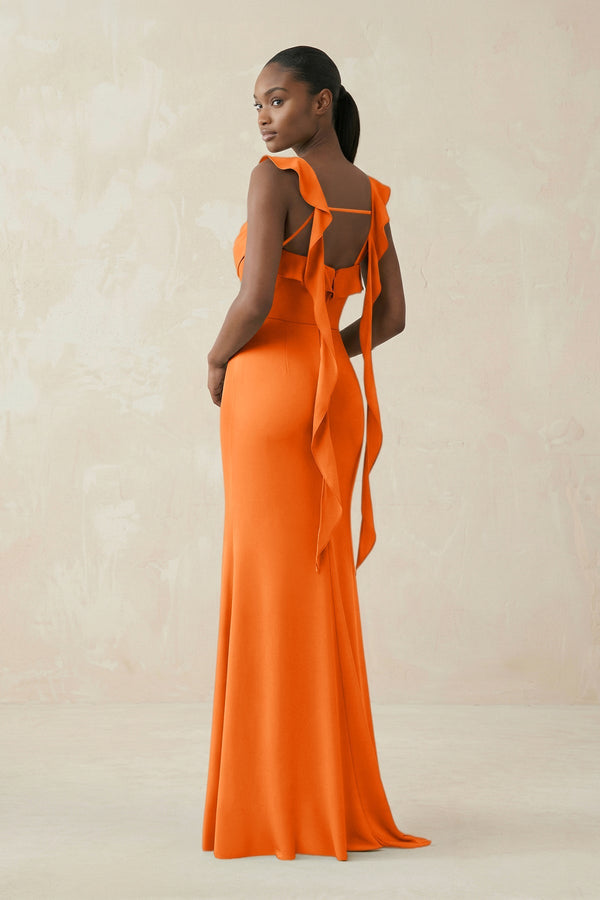 KissProm Ruffled Sleeve Sheath Satin Bridesmaid Dress in Orange, Orange / 16
