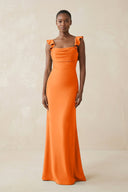 Ruffled Sleeve Sheath Satin Bridesmaid Dress in Orange - KissProm Bridesmaid Dresses